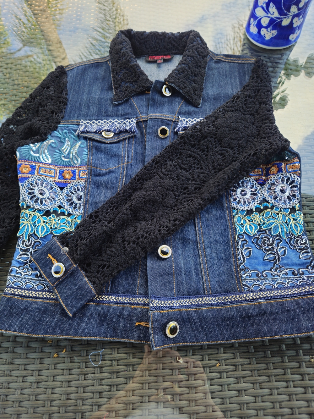 Mishca Denim Jacket M Beaded Sequins Lace Crochet Boho Blue NWOT